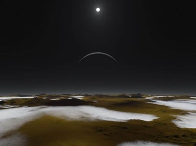 تصوّر فني لسطح بلوتو. تم نشره في يونيو 2015، قبل شهر من التقاط نيو هورايزنز لأقرب صورة للكوكب القزم.