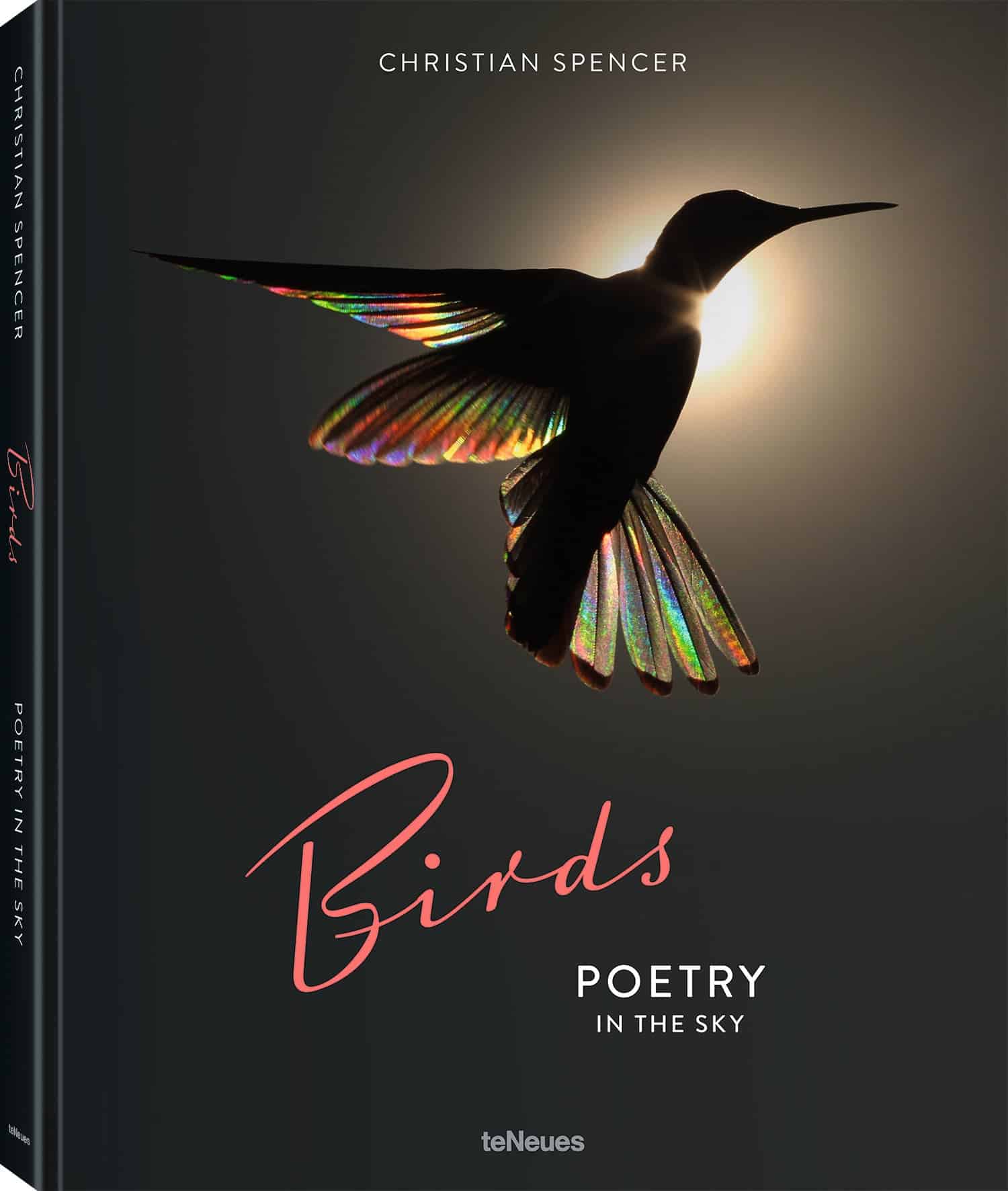 غلاف كتاب شعر في السماء يحتوي على صورة ظلية لطائر الطنان قزحي الألوان أمام خلفية سوداء.