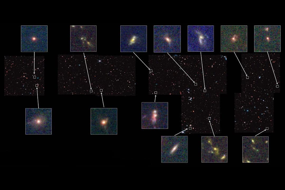 مجرات مختلفة الأشكال تُرصد بالأشعة تحت الحمراء بواسطة كاميرا الأشعة تحت الحمراء القريبة في تلسكوب جيمس ويب الفضائي.
