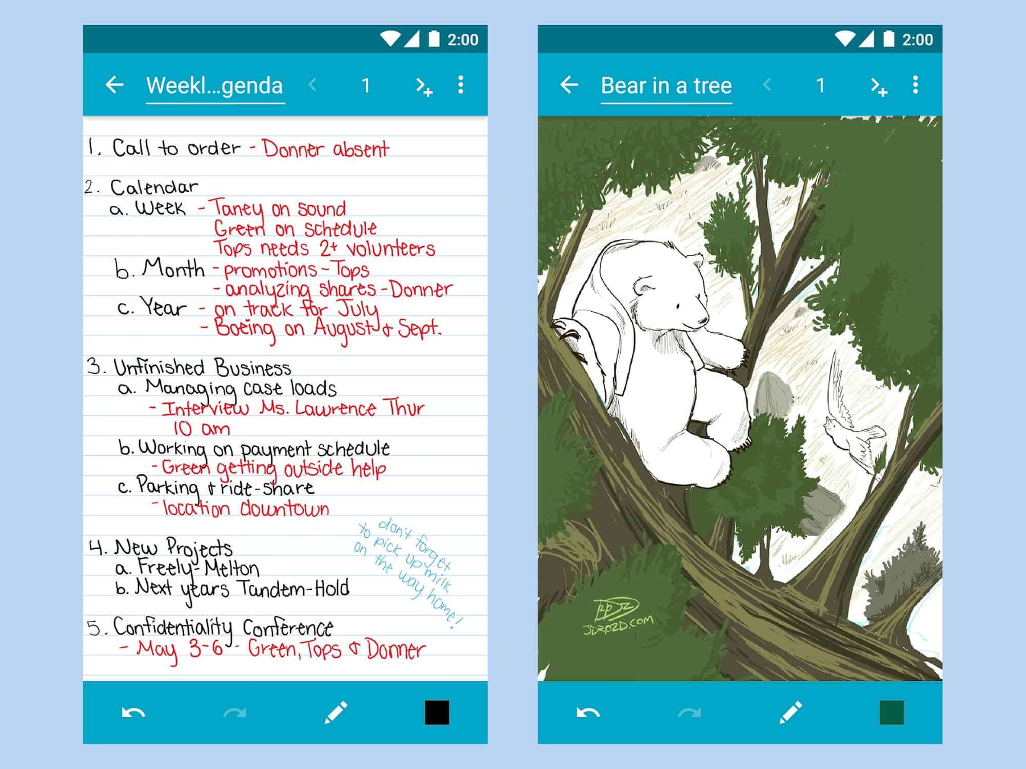 تطبيق سكويد لتدوين الملاحظات كما يظهر على شاشة الهاتف، يعرض ملاحظات مكتوبة بخط اليد بالإضافة إلى رسم تخطيطي