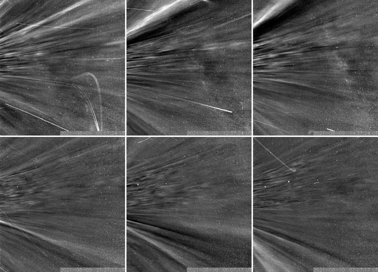 الشرائط الإكليلية التي تنطلق من الشمس وسجلتها ناسا بواسطة مسبار باركر الشمسي باللونين الأبيض والأسود.