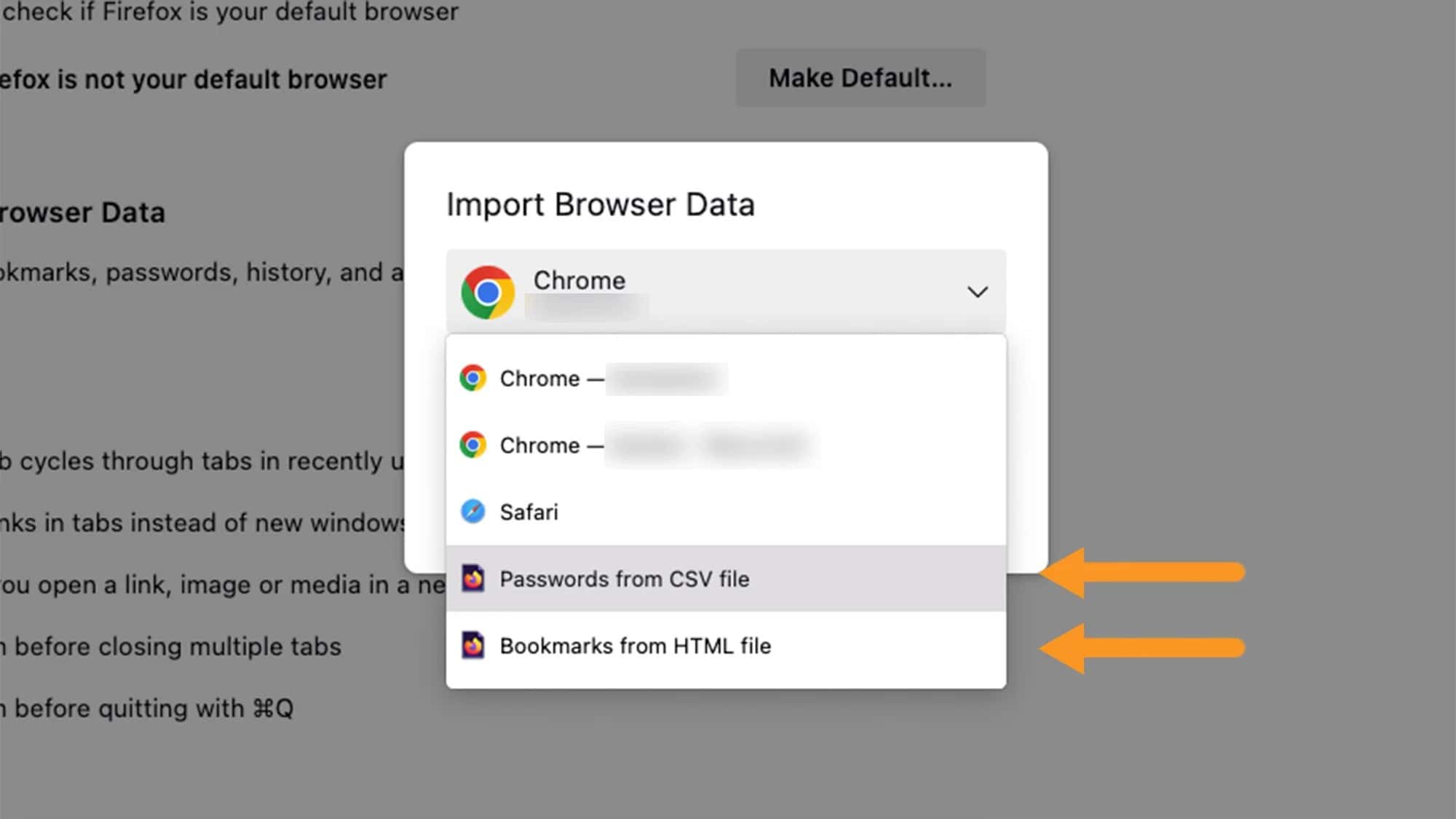 إذا فشلت أداة استيراد البيانات في فايرفوكس لسبب ما، يمكنك استخدام ملفات سي إس في وآتش تي إم إل. صورة الشاشة: فايرفوكس