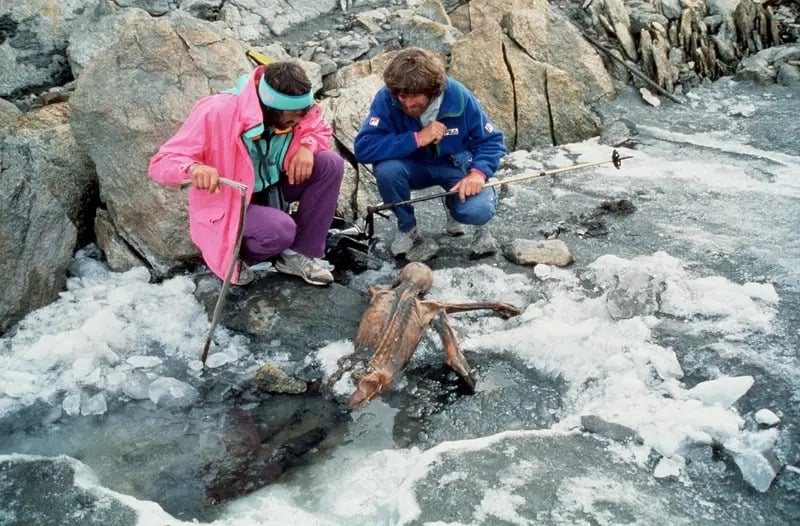 اكتشف اثنان من متسلقي الجبال مومياء أوتزي (Otzi)، وهي أقدم مومياء بشرية طبيعية في أوروبا، في سلسلة جبال أوتزتال (Otztal)، التي تُعد جزءاً من جبال الألب بين النمسا وإيطاليا في شهر سبتمبر/أيلول عام 1991. بول هيني/ غاما رافو عن طريق غيتي إميدجيز